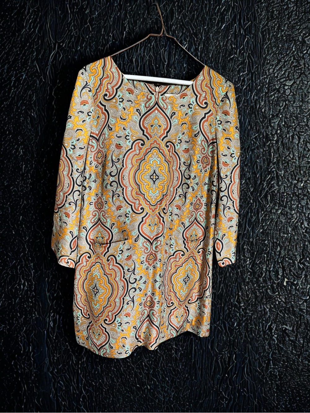 J. Crew Paisley-Print Long Sleeve Shift Dress in Yellow, Cream, and Orange